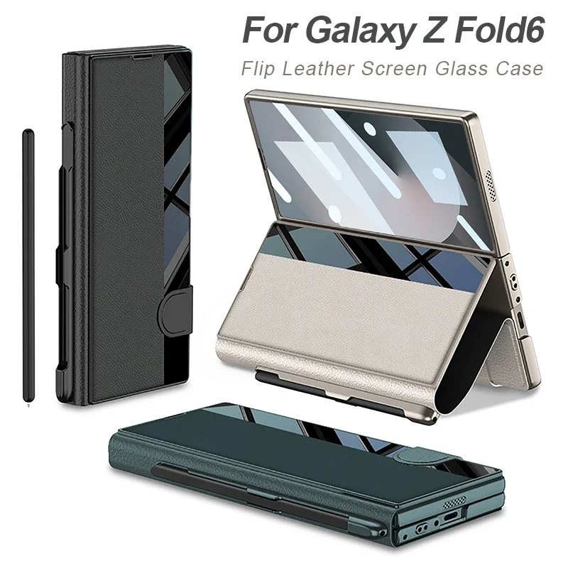 

Luxury Plain Leather Fold Stand Case For Samsung Galaxy Z Fold 6 Screen Glass Pen Holder Hard Cover For Galaxy Z Fold 6 Case
