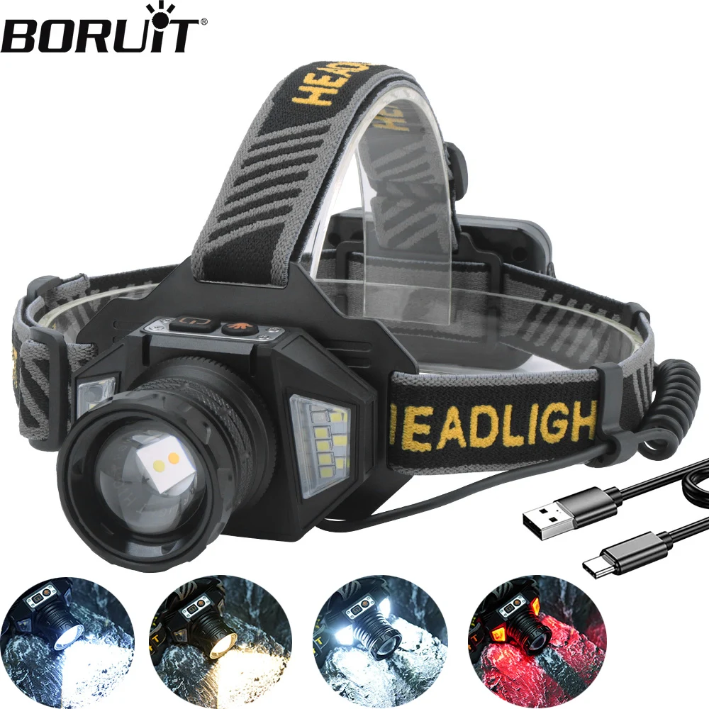 BORUiT LED Sensor Headlamp Zoom Headlight 1000LM Type-C Rechargeable Fishing Headlight Long Shot Head Lamp for Camping Hunting