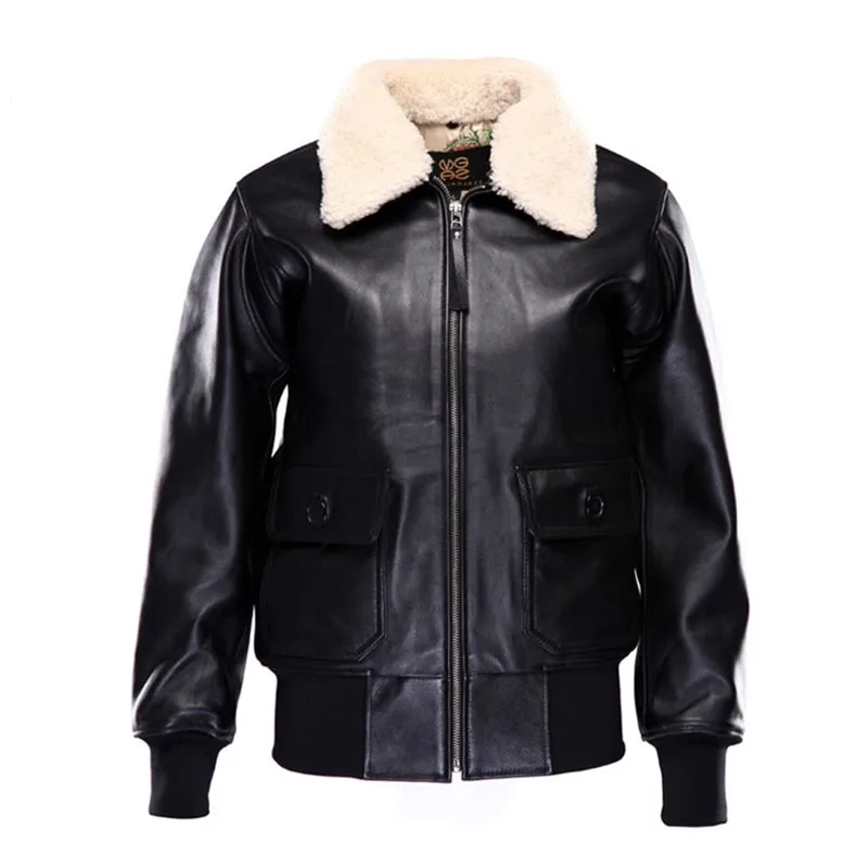 Veste pilote en cuir de style militaire pour femme, manteau en cuir, véritable peau de mouton naturelle, noir, grande taille, 3XL, G1, hiver