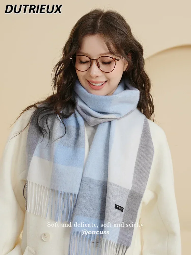 Sweet Girls Versatile Wool Scarf Women's Winter New Korean Atmosphere Plaid Contrast Color Warm Outdoor Cute Scarf Shawls