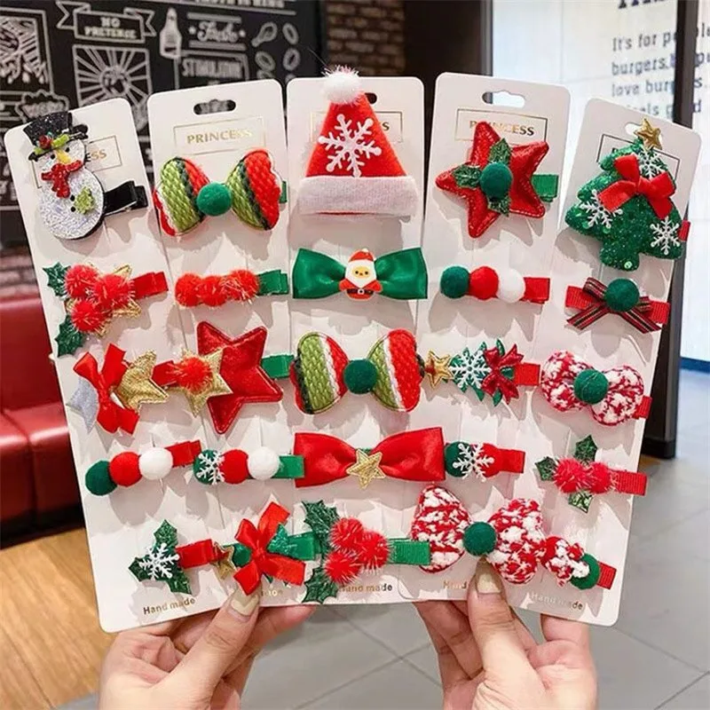 Juego de 5 horquillas de Navidad para niña, accesorios para el cabello para niña, bonito árbol de Navidad, muñeco de nieve, alce, pajarita, regalo de Navidad Kawaii, 5 unids/set