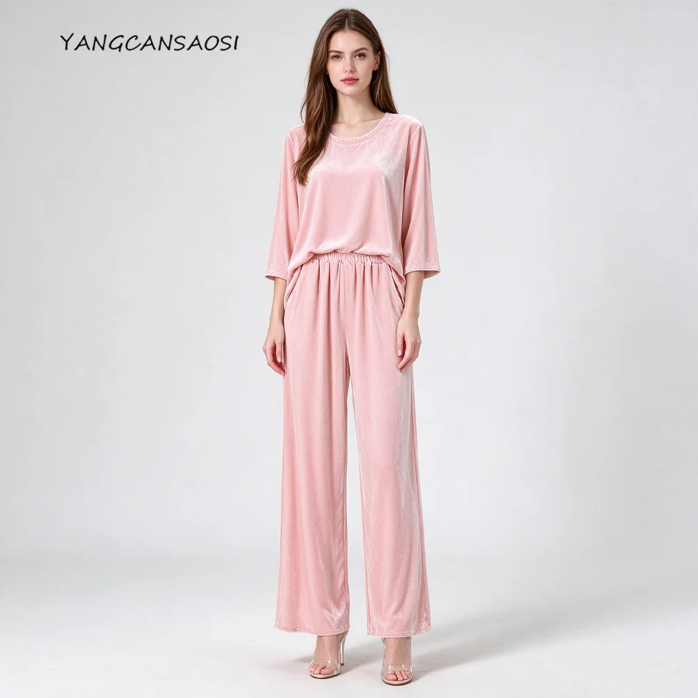 Women's Fashion Autumn New 30%Natural Mulberry Silk Velvet Pink Round Neck Three-quarter Sleeve Top Elastic Waist Straight Pants