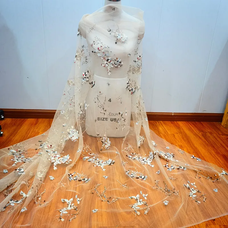 

Новая ткань с блестками и цветами из бисера, свадебное платье, сетчатая ткань, аппликация, украшение «сделай сам», аксессуары для одежды, кружево