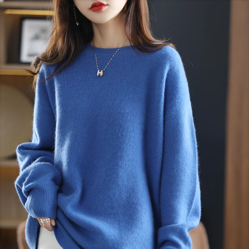 Plus Size Knit Jumper Women\'s Round Neck Sweater 100% Pure Australian Wool Warm And Soft Cashmere Loose Pullover For Winter Top