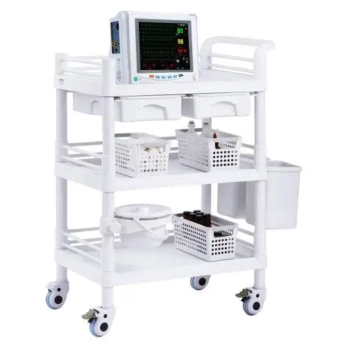 3-Tier Mobile Medical Cart with 3 Trays & Trash Bins - White Lab Carts for Healthcare Use