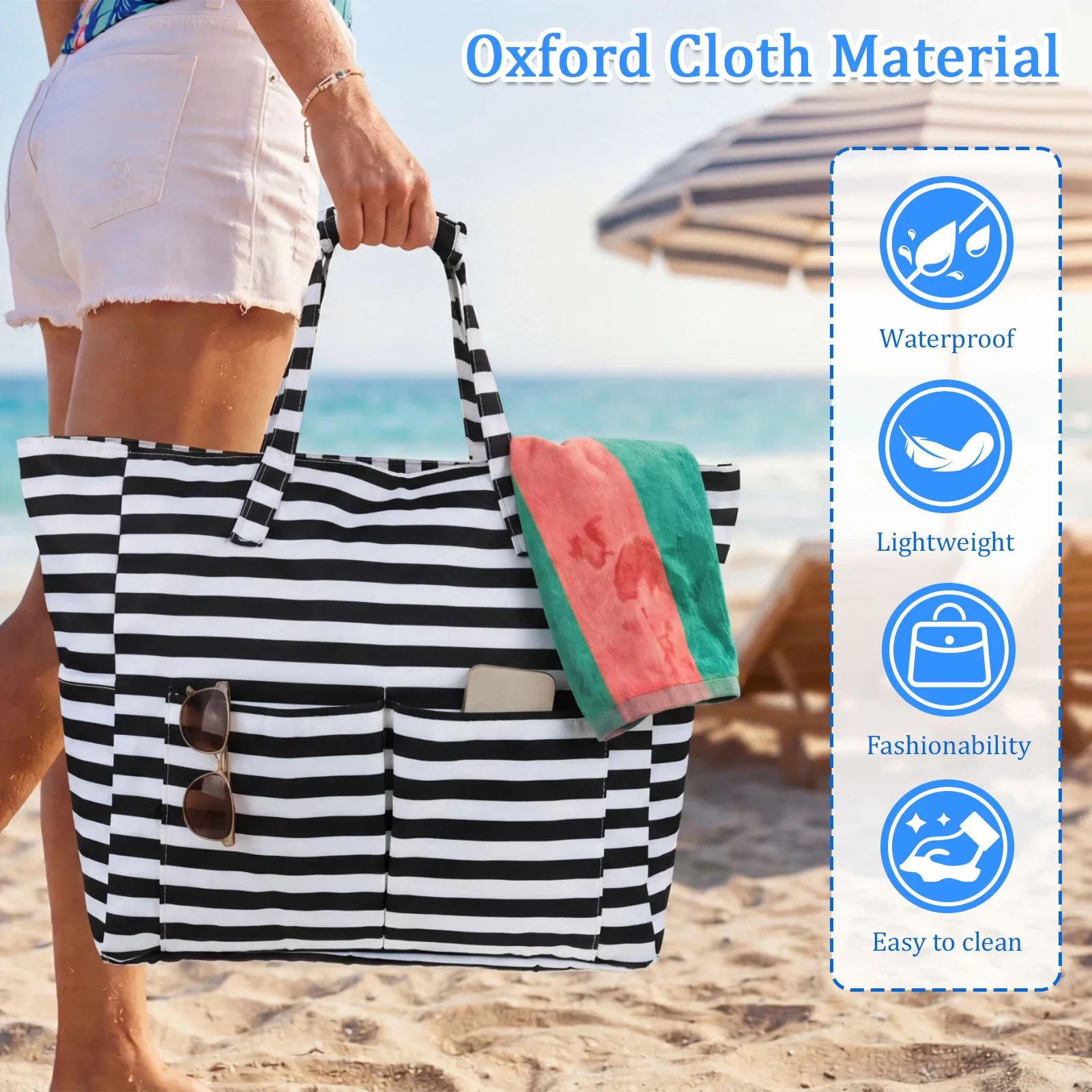 Beach Tote Bag Oxford Cloth Waterproof Beach Tote Pool Bag with Wet Compartment Multi-pocket Foldable Swim Pool Bag for Travel