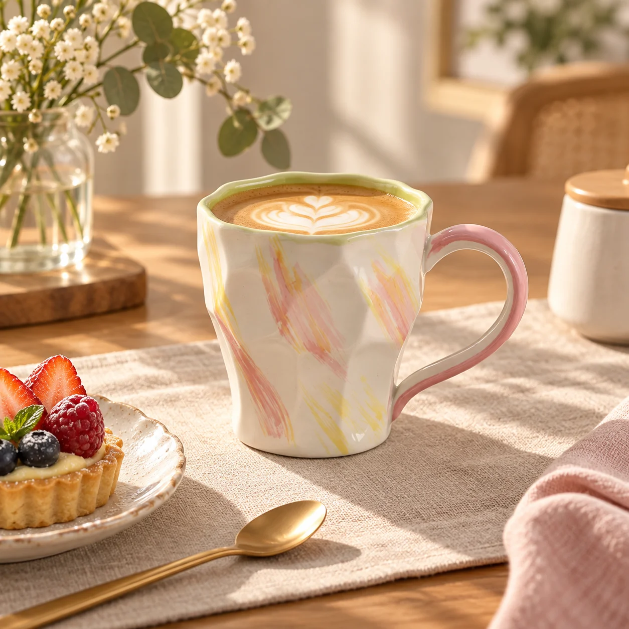 1Pc 190ml Hand-Painted Faceted Ceramic Coffee Cup, Irregular Wave-Shaped Latte Cup, Vintage Kiln-Glazed Tea Cup, Atmospheric Table Decoration and Gift