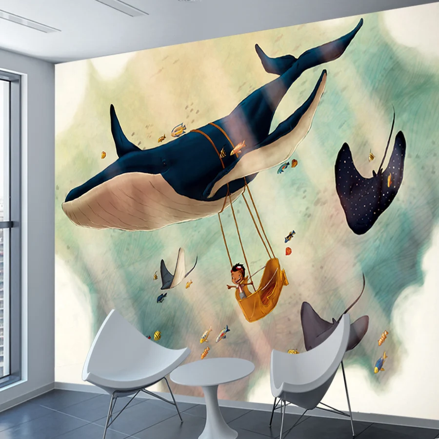 Cartoon Self Adhesive Wallpaper Accept for Bedroom Kids Mural Sea Animal Whale Sofa TV Background Wall Design papers Home Decor