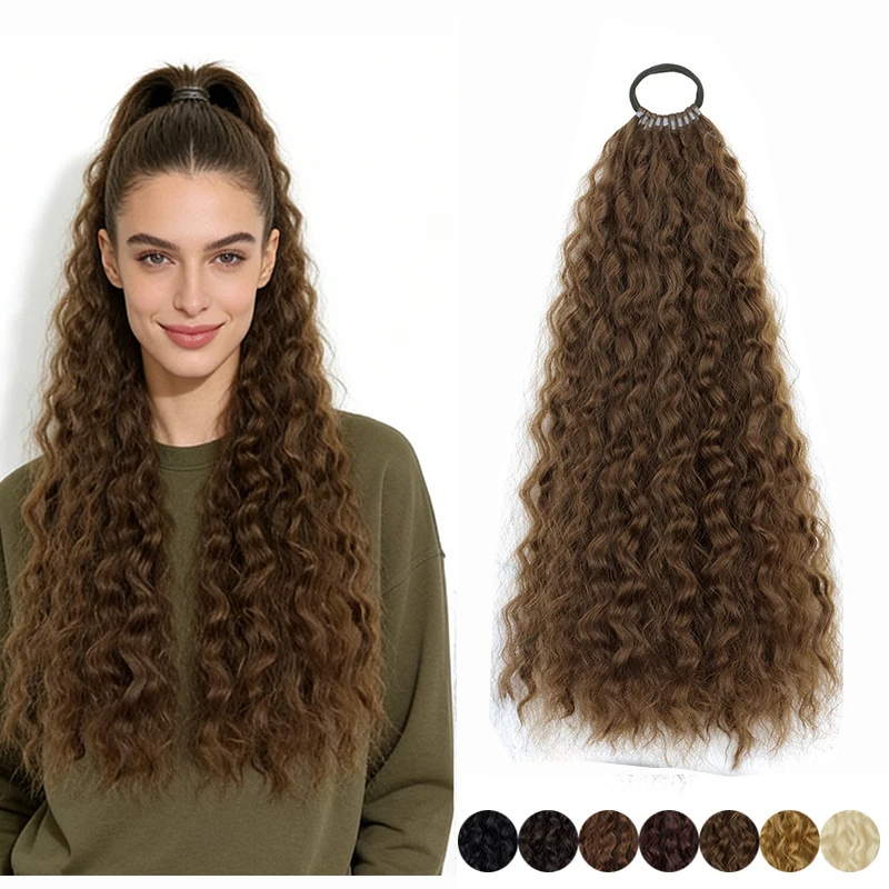 Synthetic 20Inch Long Curly Ponytail With Elastic Rubber Band Fluffy Wrap Around Hairpiece for Women