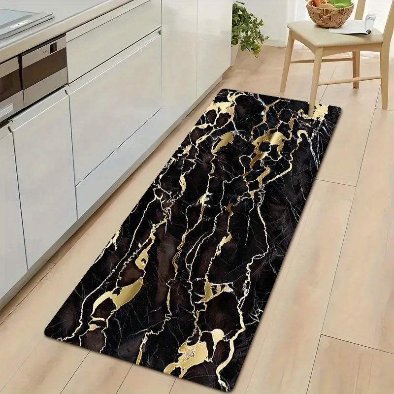 1pc Luxurious Black Marble Print Kitchen Floor Mat, , Non-Slip, Wear-Resistant, Machine Washable Polyester Fiber, Ideal for Ho