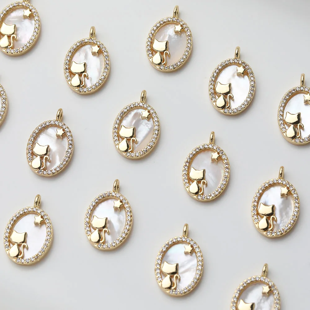 1pcs Oval Shell Cats Charms for Jewelry Making Pendant Supplies DIY Brass 14K Gold Plated Accessories 12*19mm