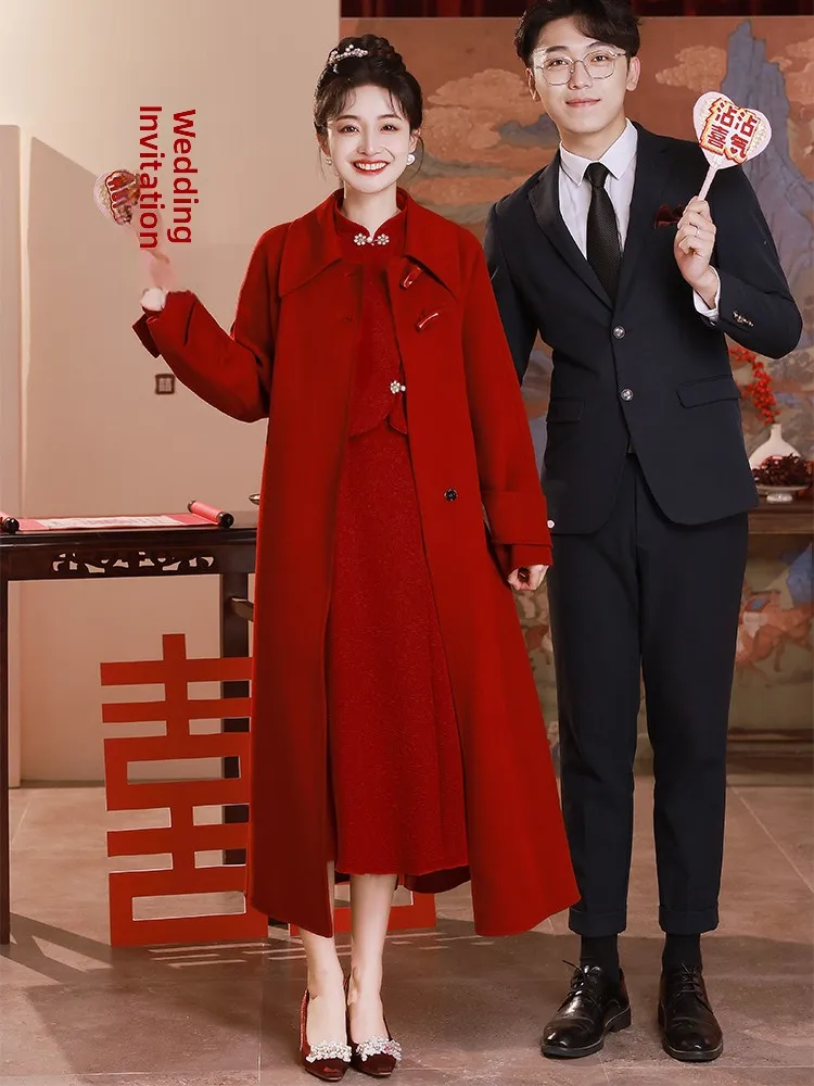 

Red Double-Sided Woolen Coat for Wedding Dres Drinking Ceremony New Chinese Sle Autumn Winter Outerwear