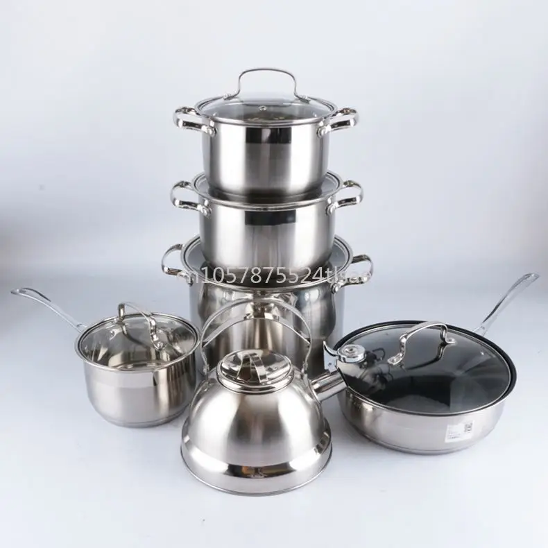 12pcs Set Stainless Steel Cookware Set Household High Quality Pot with Glass Lid and Kettle