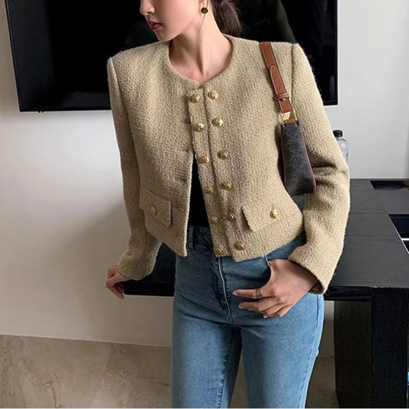 Women Autumn New Round Neck Cardigan Solid Fashion Retro Button Pocket Splicing Loose Casual Versatile Long Sleeved Short Coat