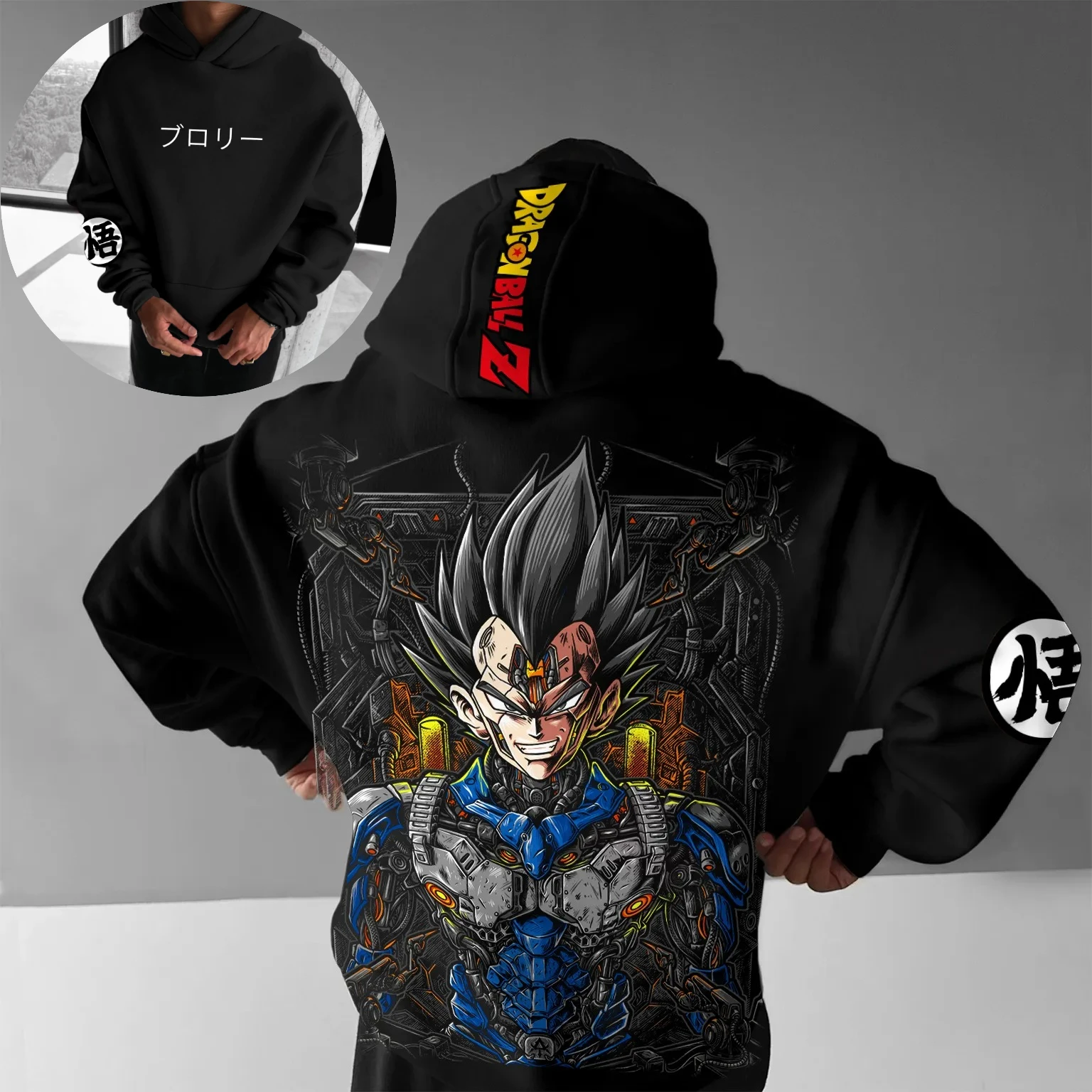 

Dragon Ball Z Vegeta Cyborg Armor Anime Hoodie Men Black White Orange Back Print Japanese Sleeve Text Streetwear Fashion Casual