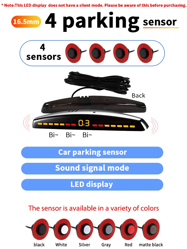 16.5mm reversing radar，Car LED parking sensor with 4 sensors，Sound signal mode，Sensor waterproofing，Safe parking