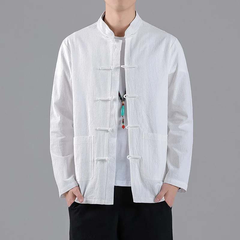 Chinese Style Linen Stand Collar Frog Button Long Sleeve Shirt Men's Plus Size Vintage Casual Top