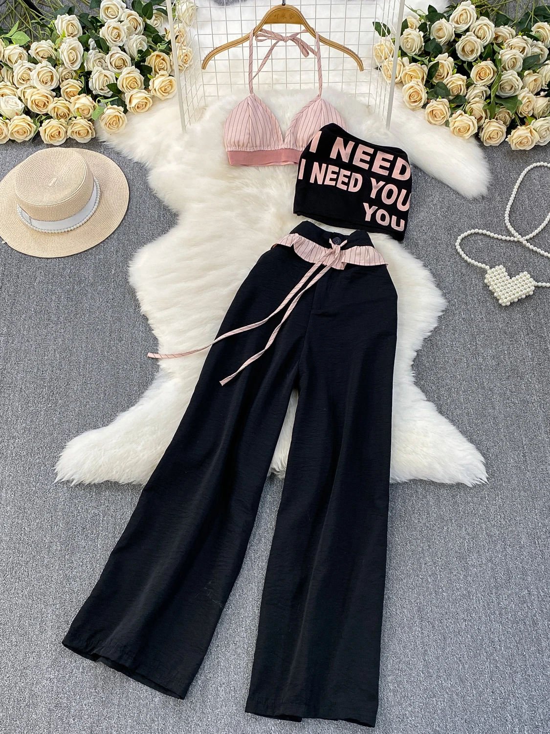 

Sexy American Girl Letter Print Knitted Tube Top + Base Layer Strap + High Waist Slimming Pants Tee Piece Set