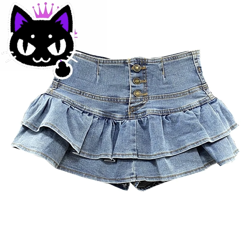 

2025 misa hot sale Harajuku Girl High Waist Single-Breasted Ruffles Cake Denim Skirt Woman Summer Sexy Jeans Skirts Students Kaw