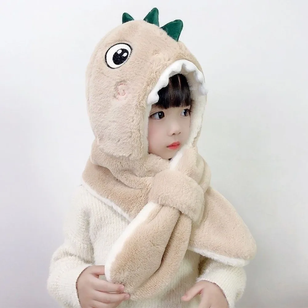 Cute 2-in-1 Children's Hooded Scarf Thicken Windproof Dinosaur Scarf Hat Set Soft Keep Warm Winter Children's Hat Outdoor