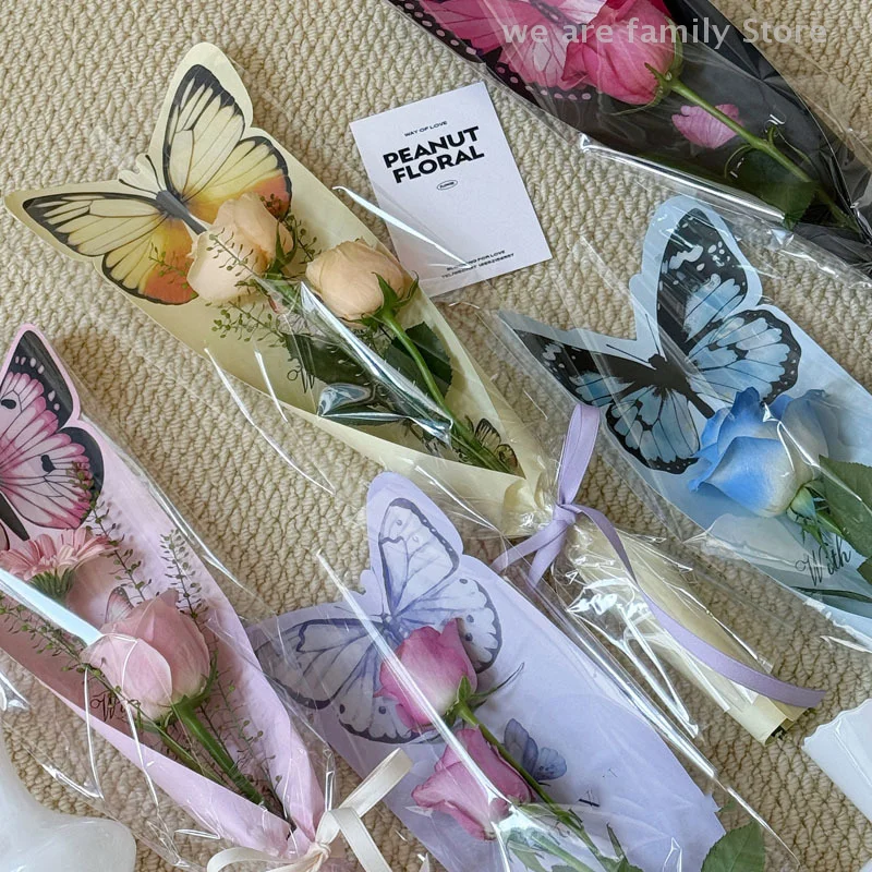 10 pçs dia dos namorados borboleta flor embrulho cartão de papel inserção saco de embalagem de flor transparente única rosa saco de embalagem