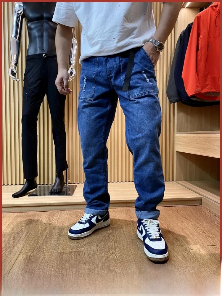 

Модные уличные мужские повседневные джинсы с ферментной талией, винтажные рваные прямые джинсы, молодежные длинные брюки со средней талией