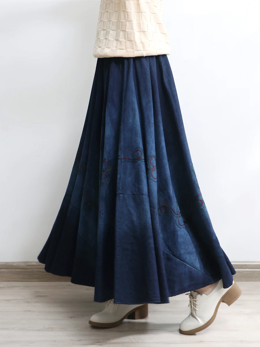 TIYIHAILEY Women's Long Maxi A-Line Denim Skirt, Elastic Waist, Embroidery,Blue Jeans, Winter and Autumn, 2024 New