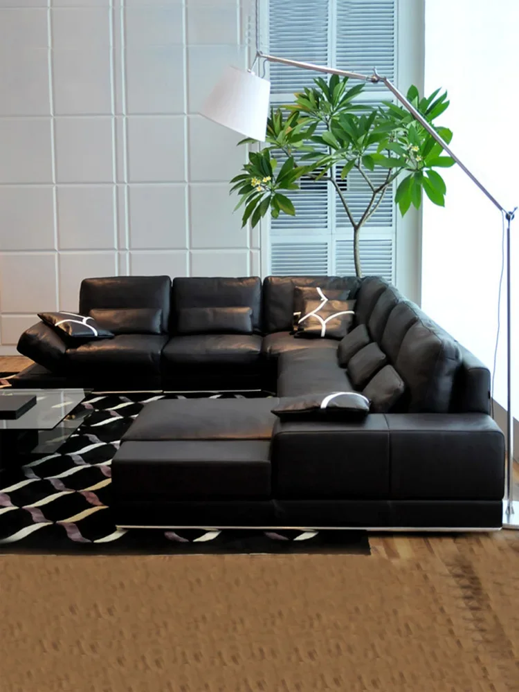 Black Leather Sofa U-Shaped Combination Villa Post-Modern Light Luxury Furniture