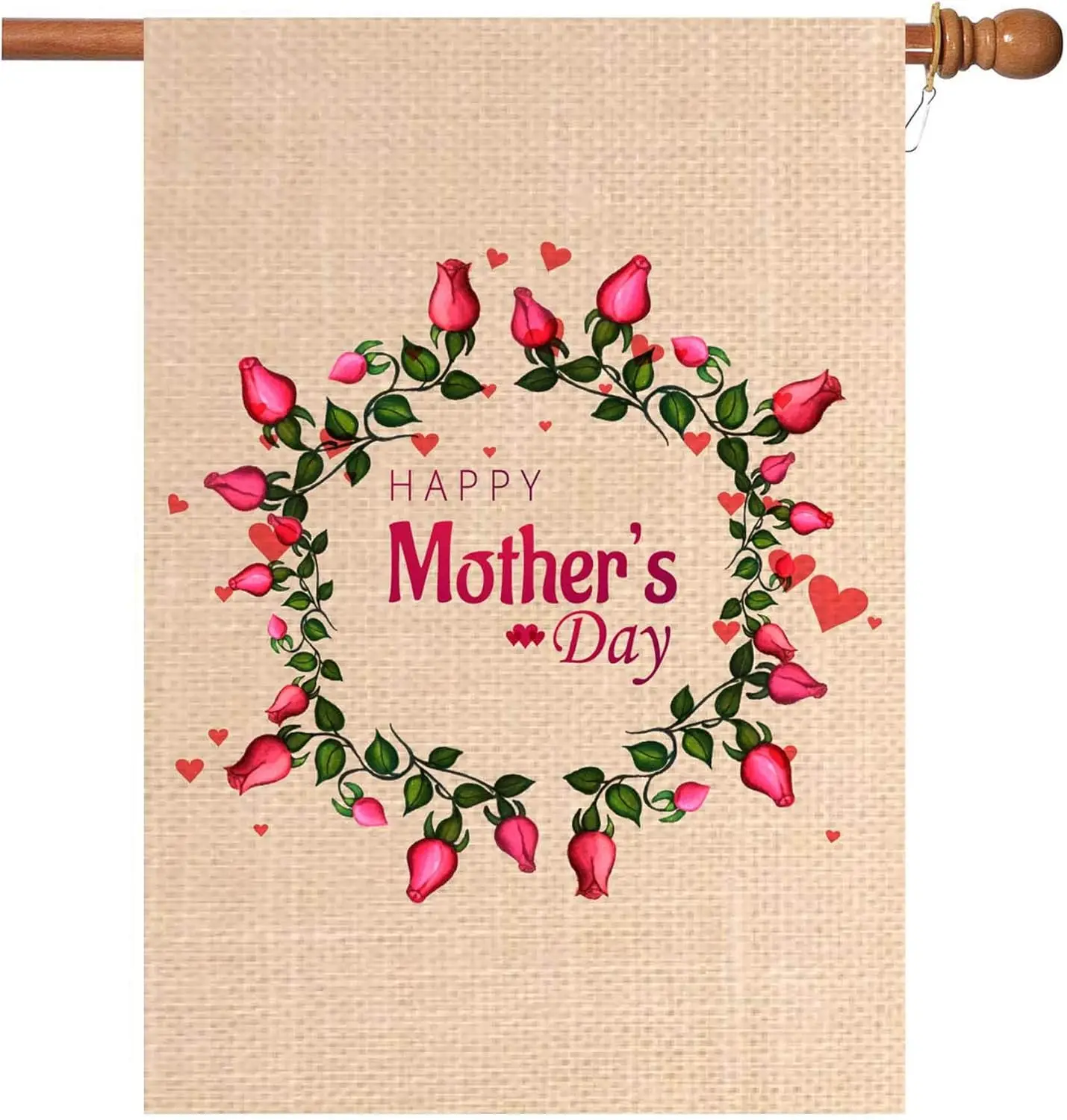 Mother's Day House Flag,Burlap Happy Mother's Day Garden Flag Rose Foral Hear Double Sided Outdoor Flag 28 x 40 Inch Lar