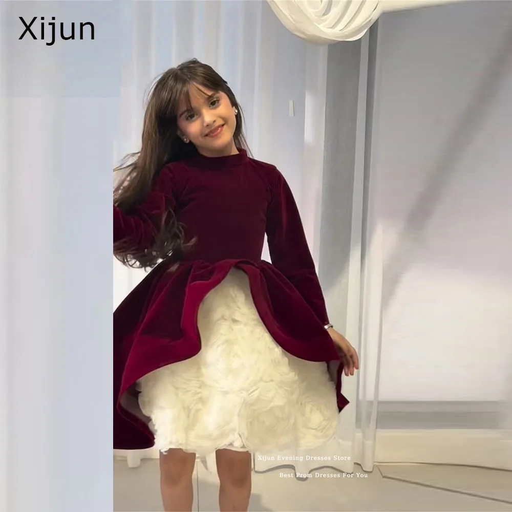 

Xijun Luxury Burgundy Velvet Flower Girl Dresses Ruffles Long Sleeves Dubai Birthday Dresses For Kids Ankle Length Customized