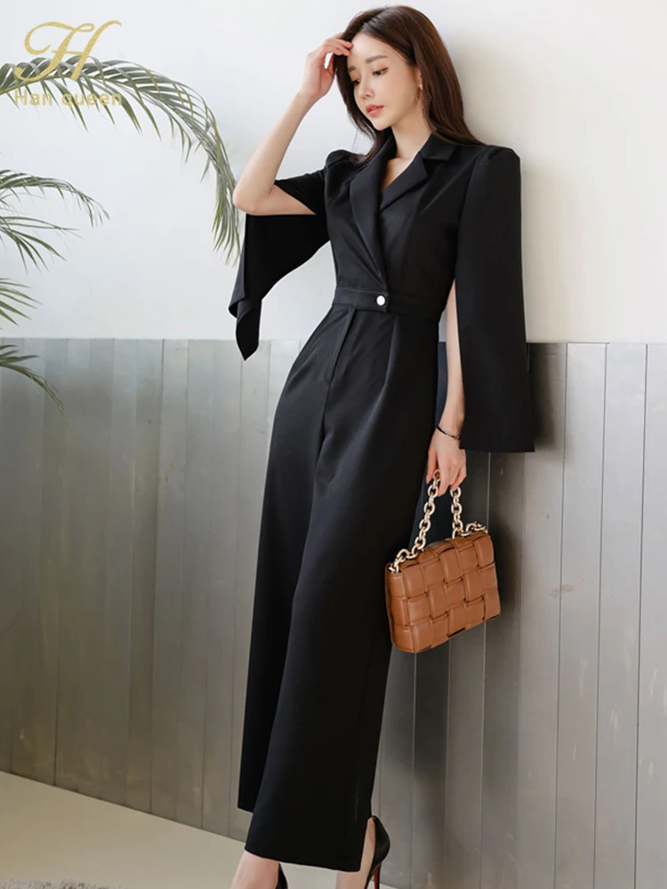 H Han Queen Hot Sale Elegant Casual Office High Waist Rompers Summe Business Jumpsuits Women Wide Leg Trousers Long Playsuits