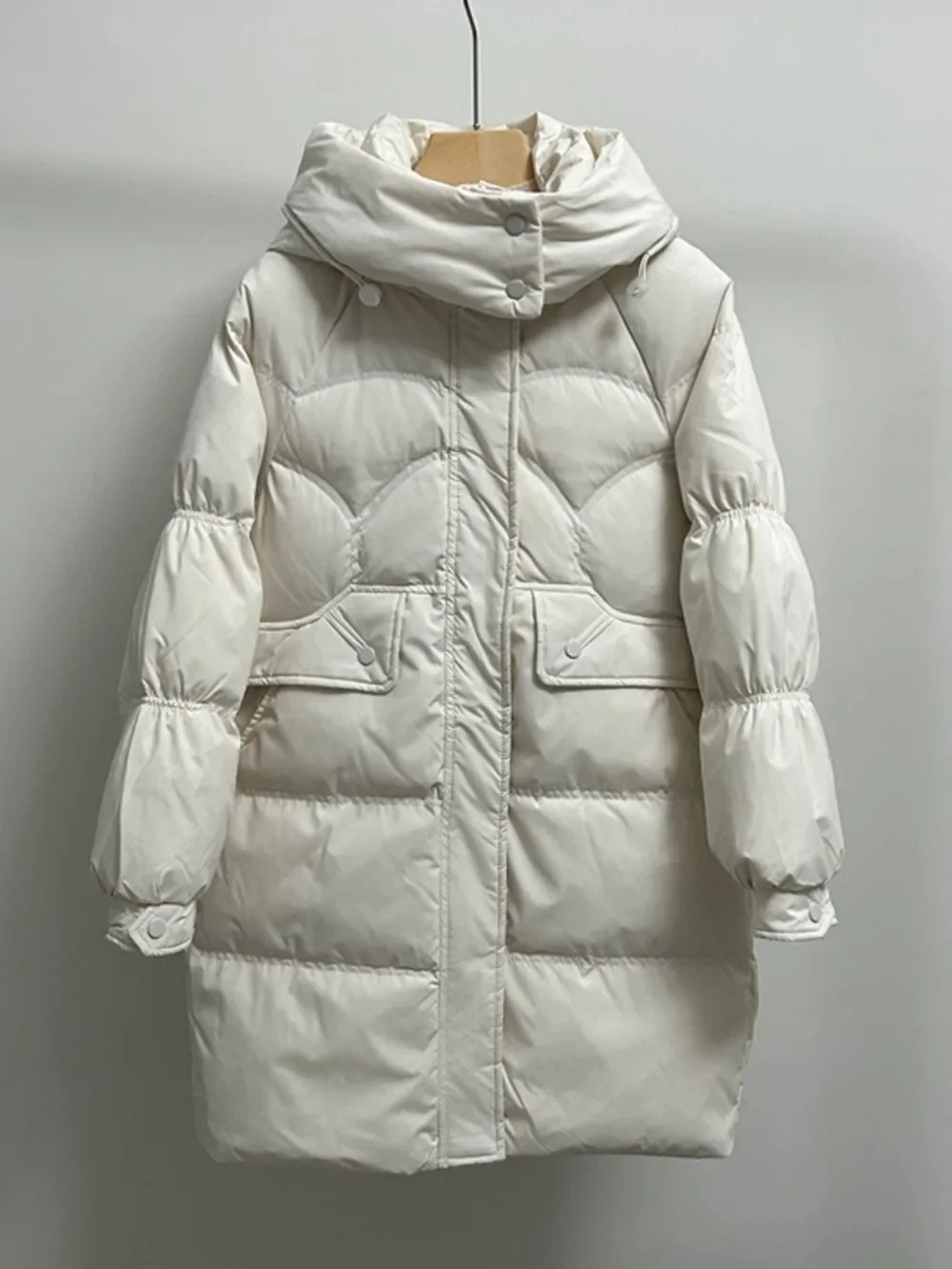 White Down Jacket Women 2024 New Winter Knee Thick Hooded Large Pocket Loose Down Coat Female Casual Fashion Office Lady