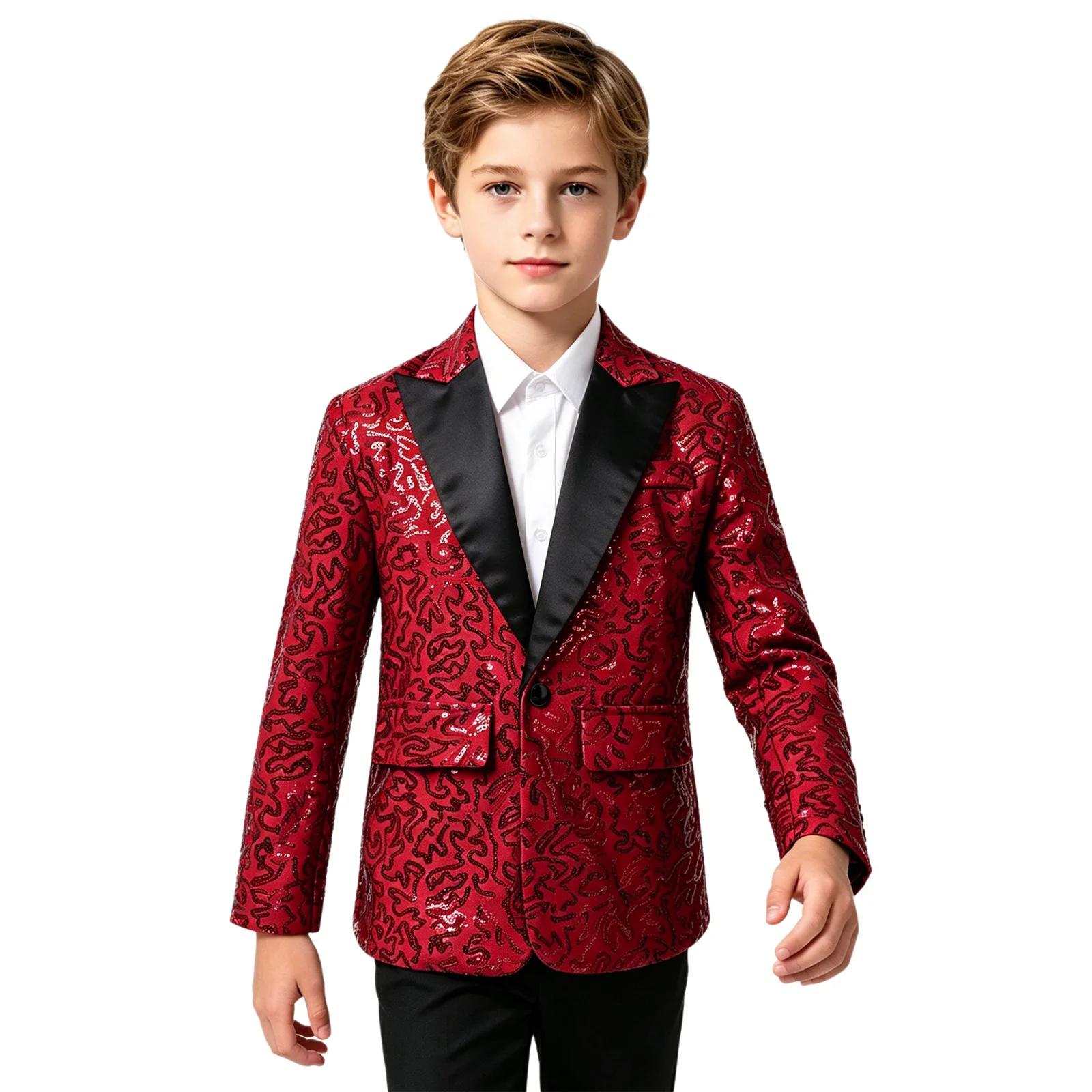 Kinder Jungen Jazz Dance Oberteile Performance Kostüm Glänzende Pailletten Glitzer Revers Einknopf-Anzugjacke Blazer Festival Smoking Jacke – Detail 13
