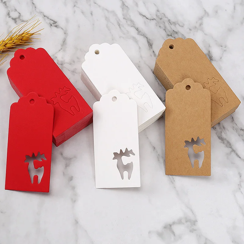 50pcs Hollowed Deer Tree Snow Paper Tags Christmas Gift Tag Candy Cookie Bag Boxed Hang Labels for Christmas Decoration Supplies