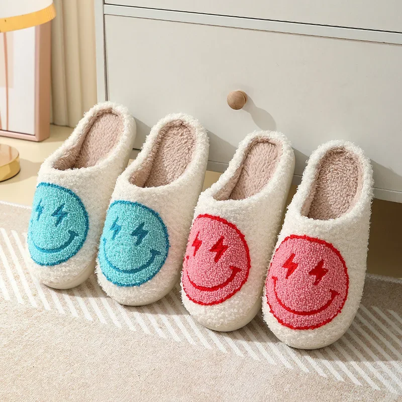 

Leopard Print Home Slippers for Women Cartoon Smile Soft Sole Cotton Slides Woman New Winter Warm Plush Slippers Cute Houseshoes