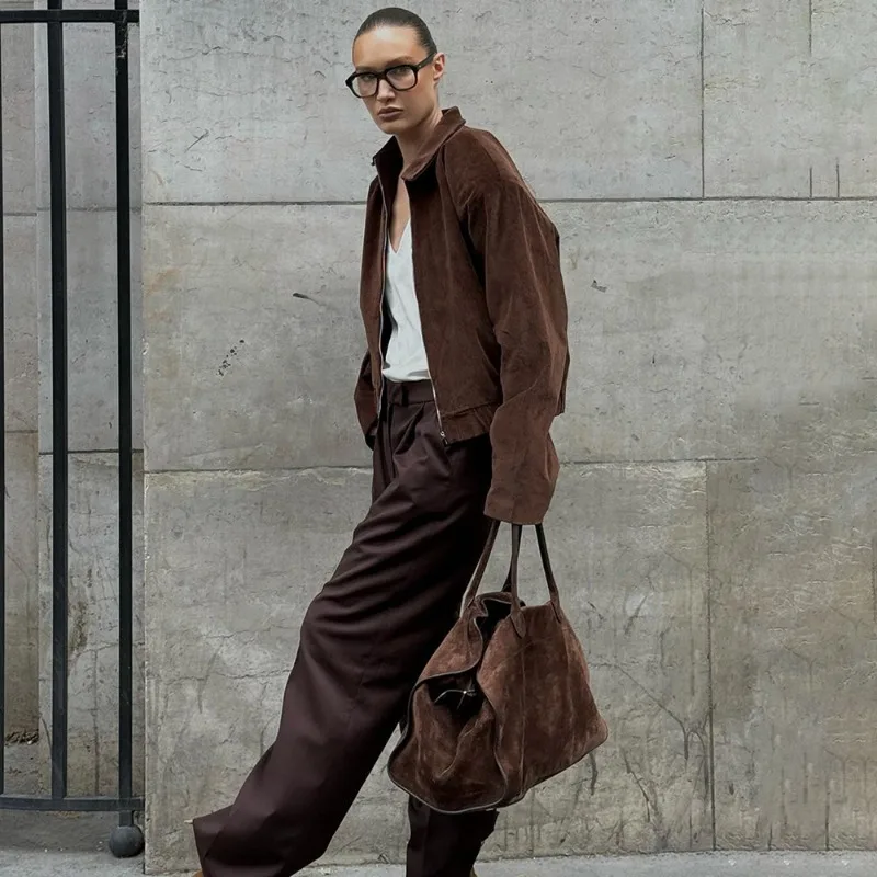 Talenza Autumn Vintage Jacket Coats 2025 New Solid Zipper Plush Brown Casual Jacket Fashion Loose Streetwear Women Coats Outwear