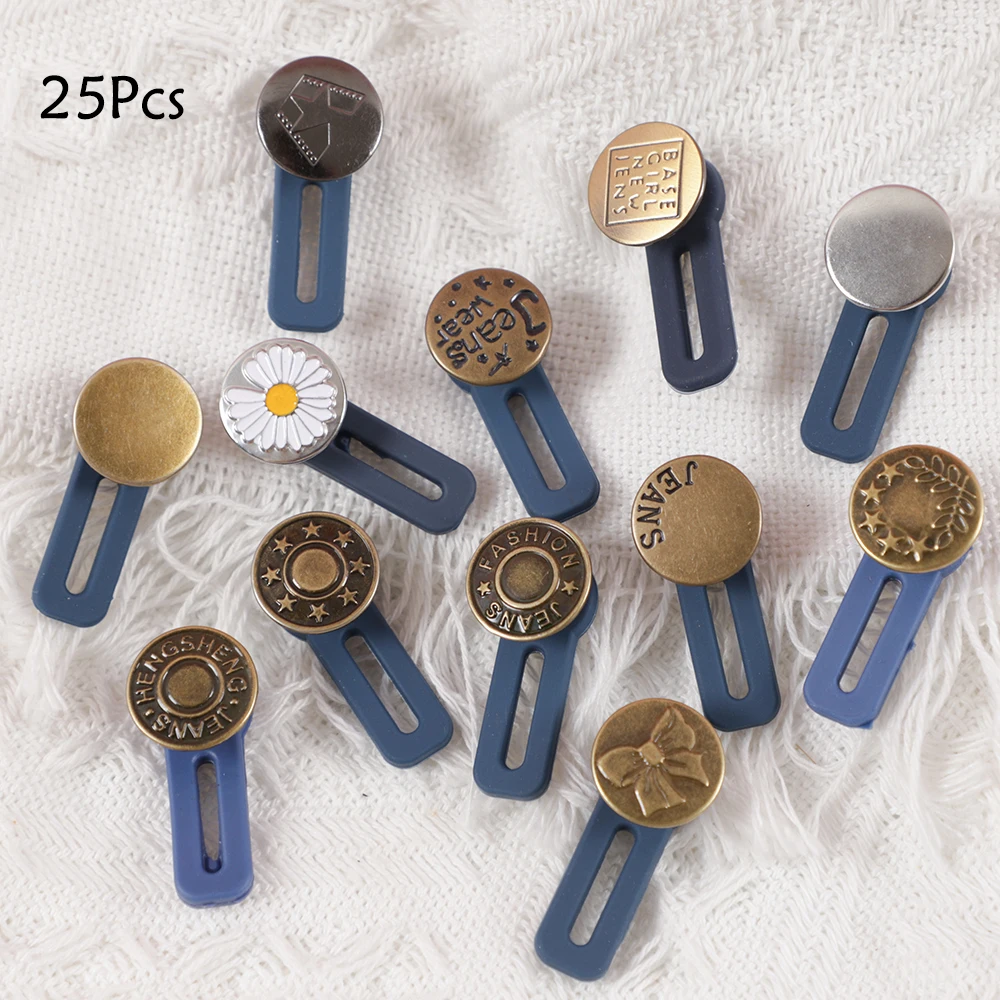 25Pcs Adjustable Buckles Metal Buttons Jeans Waist Extender Retractable Disassembly Free Sewing Buttons for Clothing Jeans Pant