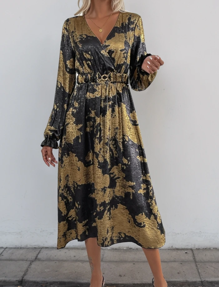 Elegant Women's Long Dress With Gold Foil Print V-neck Pullover Lantern Cuff Waist Belt Autumn New A-line big Swing skirt