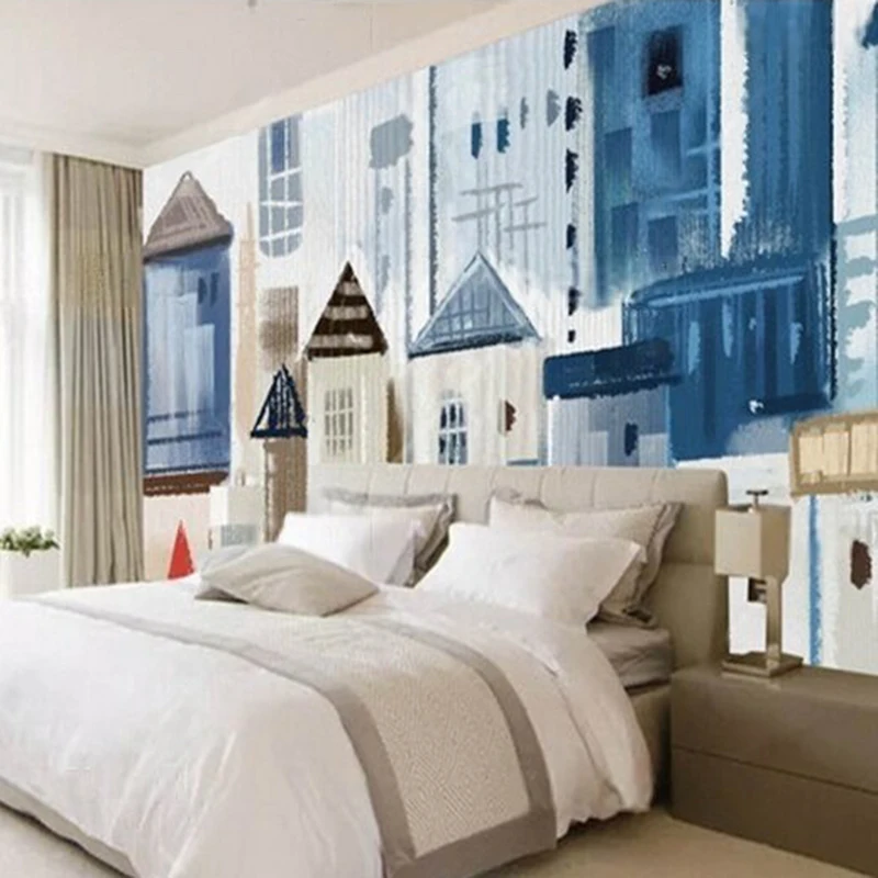 Nordic modern abstract urban architecture house oil painting TV luxury home decoration bedroom background wall paper