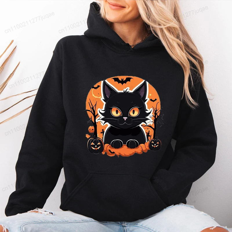 ساحرة القطة السوداء المرأة هوديس ملابس رياضية الصوف هوديي الشارع هوديي موضة قمصان غير رسمية هالوين الرعب القط طباعة الملابس