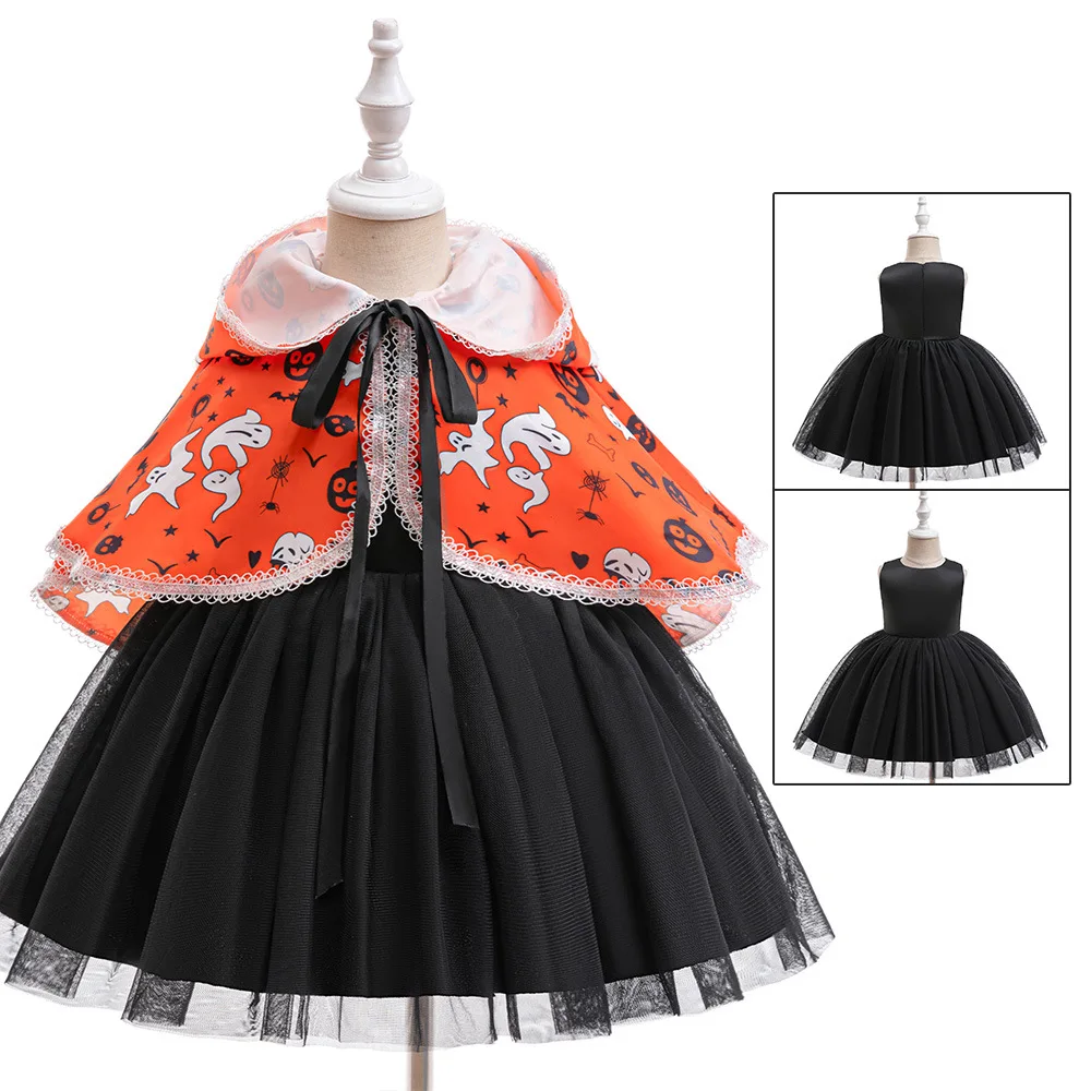 Baby Girl Clothes Princess Dress+Print Cloak 2Pcs Sets For Children Halloween Costume Witch Cosplay Black Girls Party Dresses