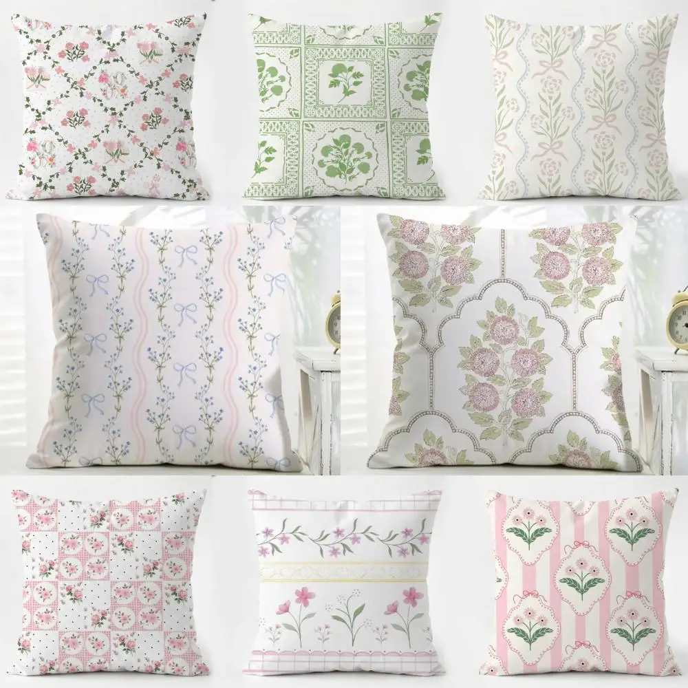 pattern gentle Tea Break Floral Cushion Cover Washable Linen Pillowcase Soft  for Daily Sofa Bed Home Room Decor