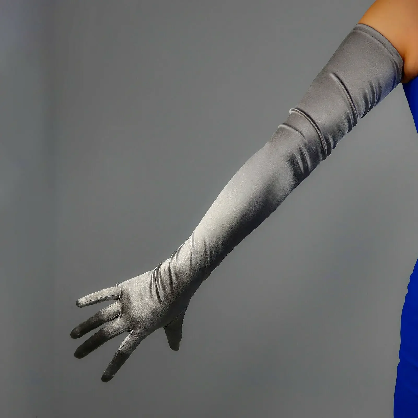Long SATIN Opera GLOVES Silver Gray Stretch 70cm Bridal Wedding Prom Formal Costume Cosplay Halloween Fashion Evening Glove