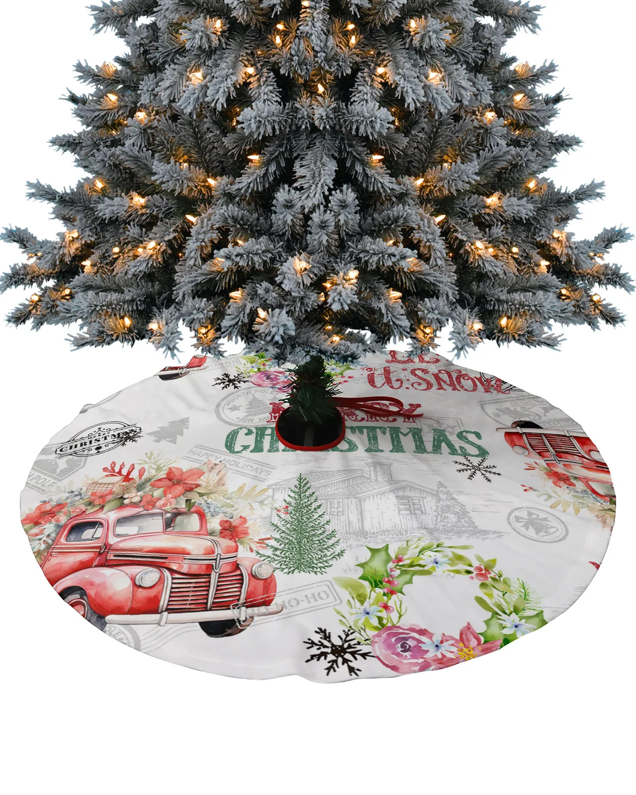 Christmas Poinsettia Stamp Truck Christmas Tree Skirt Xmas Decor for Home Supplies Round Christmas Tree Skirts Base Cover