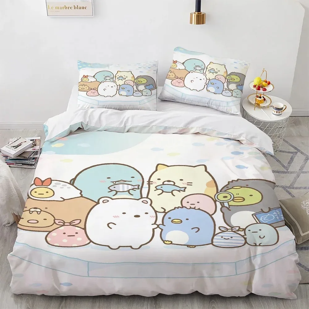 Set tempat tidur anak laki-laki dan perempuan, Anime Kawaii kartun Sumikko Gurashi ukuran Ratu kembar penutup bantal tempat tidur anak-anak dan dewasa