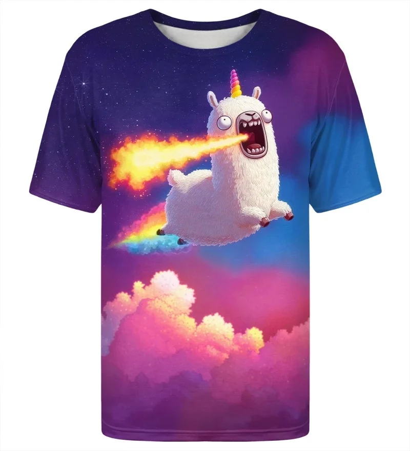 Fun Alpaca T-shirts Men Women, Featuring A Crazy Unicorn Alpaca Breathing Fire and Galactic Clouds in A Surreal Cartoon Style.