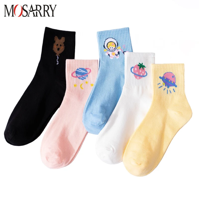 3 Pairs/Set College Style Women Cotton Socks Fashion Cartoon Planet Fruit Middle Tube Girl Socks