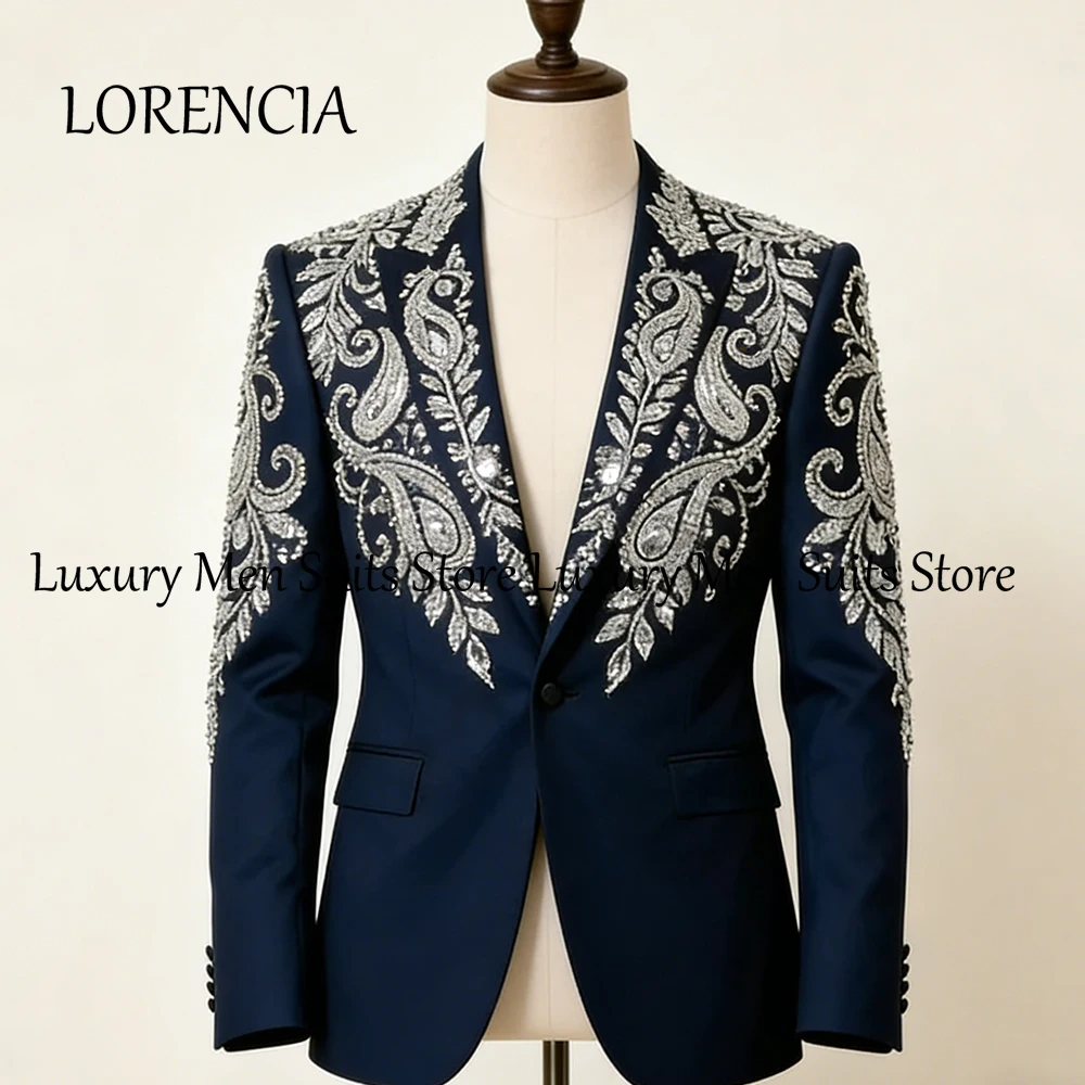 

Luxury Crystal Suits for Male 2 Pieces Single Breasted Tuxedos Set Wedding Party Outfits Customized Blazer Pants zomerset heren