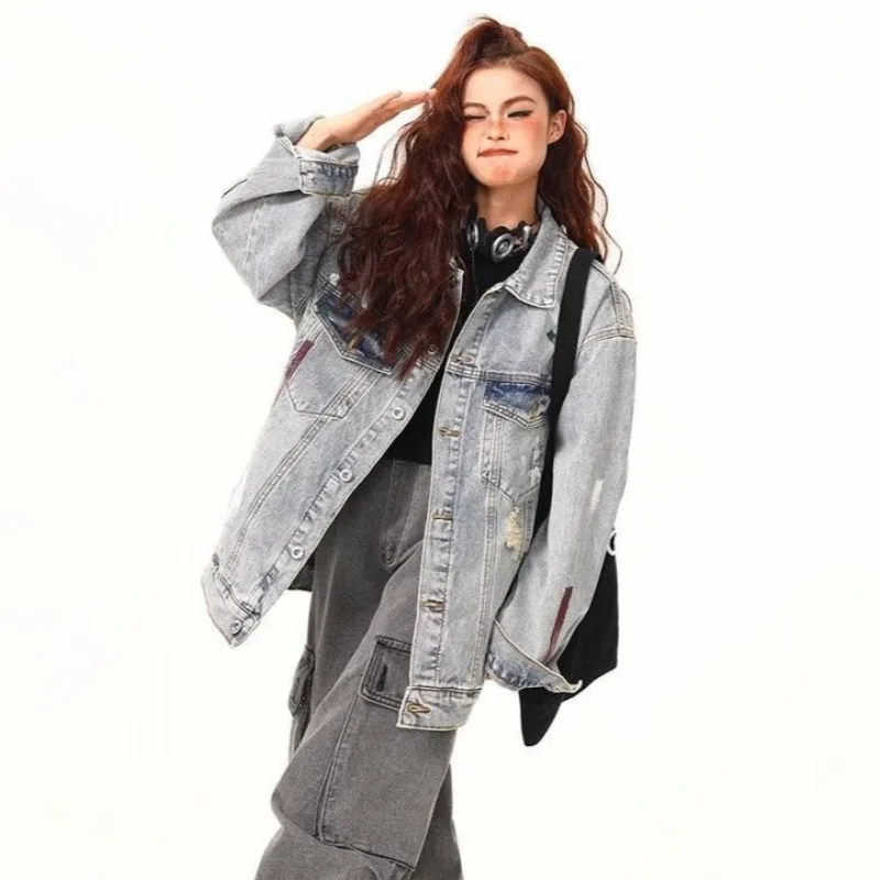 

Джинсовые куртки женские модные пары уличные японские ретро рваные свободные повседневные универсальные пальто с длинными рукавами однобортные топы