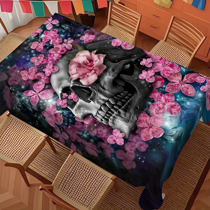 JIT-1pc Abstract Skull with Pink Lotus Pattern Tablecloth for Restaurant Kitchenzyc